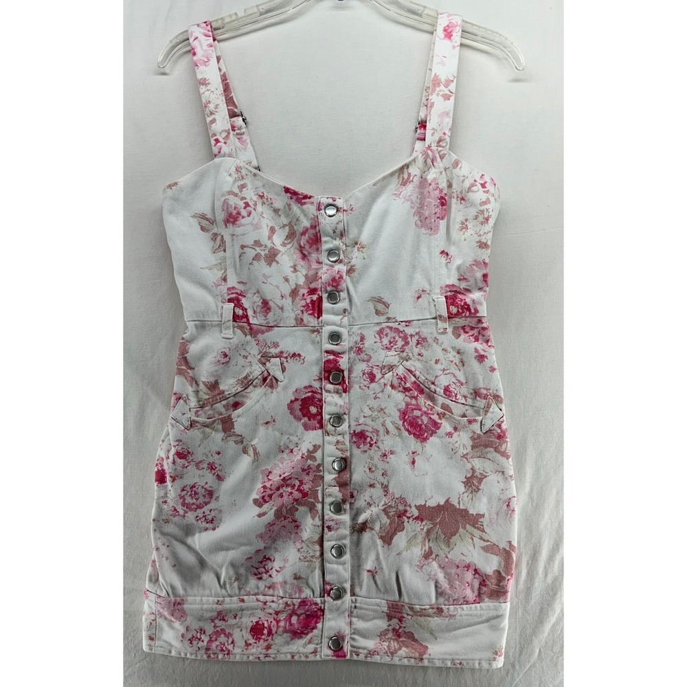 For Love & Lemons Pink Floral Denim Mini Dress Snap Front Sleeveless Small